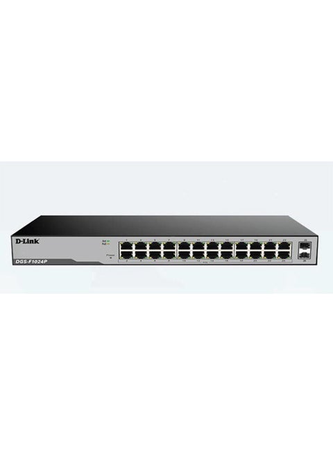 24-Port 10/100/1000 Mbps Unmanaged PoE Switch with 2 SFP Ports, 52 Gbps Switching Capacity, LED Power Indicator, 250 Watts, DGS-F1024P Black/Grey