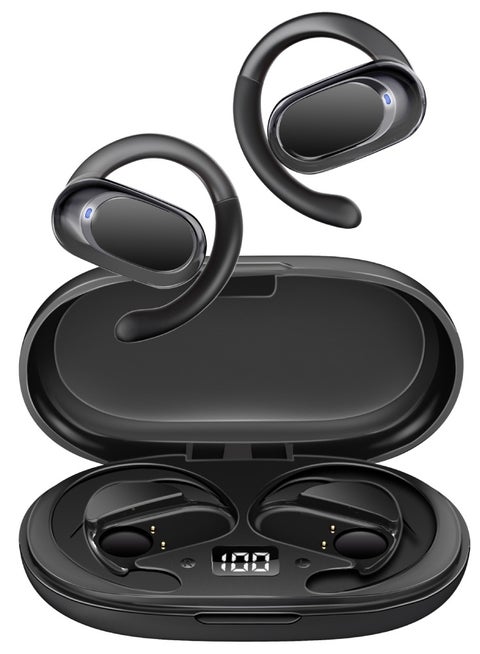 Open Ear Bluetooth Earbuds, Ergonomic Hook Fit True Wireless ENC Headphones with Air Conduction Technology, Built-In Mic, 48-hour Playtime, and Smart Touch-Controls Black