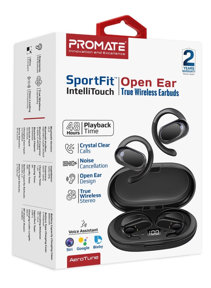 PROMATE - Open Ear Bluetooth Earbuds, Ergonomic Hook Fit True Wireless ENC Headphones with Air Conduction Technology, Built-In Mic, 48-hour Playtime, and Smart Touch-Controls Black - Image 1