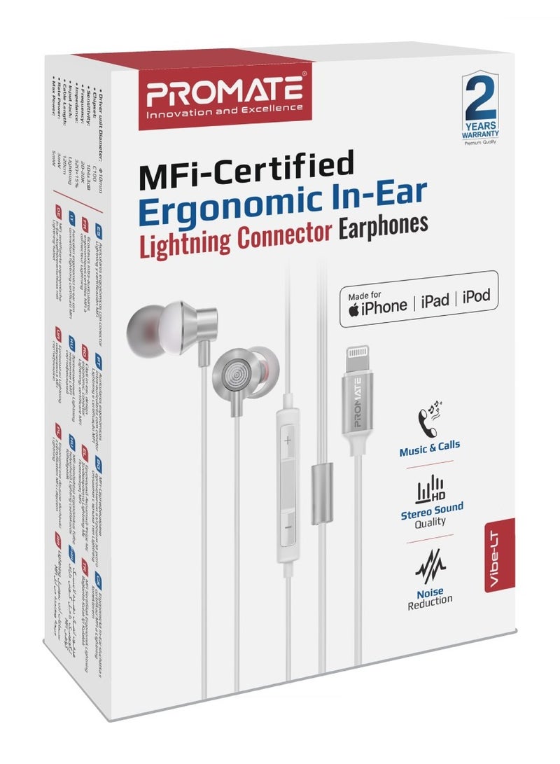 PROMATE - Earphones with Lightning Connector, Ergonomic In-Ear with Microphone, Noise Isolation, Call Function and In-Line Volume Control White - Image 1