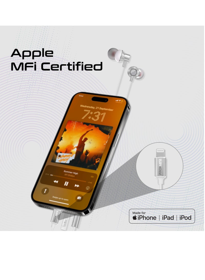 PROMATE - Earphones with Lightning Connector, Ergonomic In-Ear with Microphone, Noise Isolation, Call Function and In-Line Volume Control White - Image 1