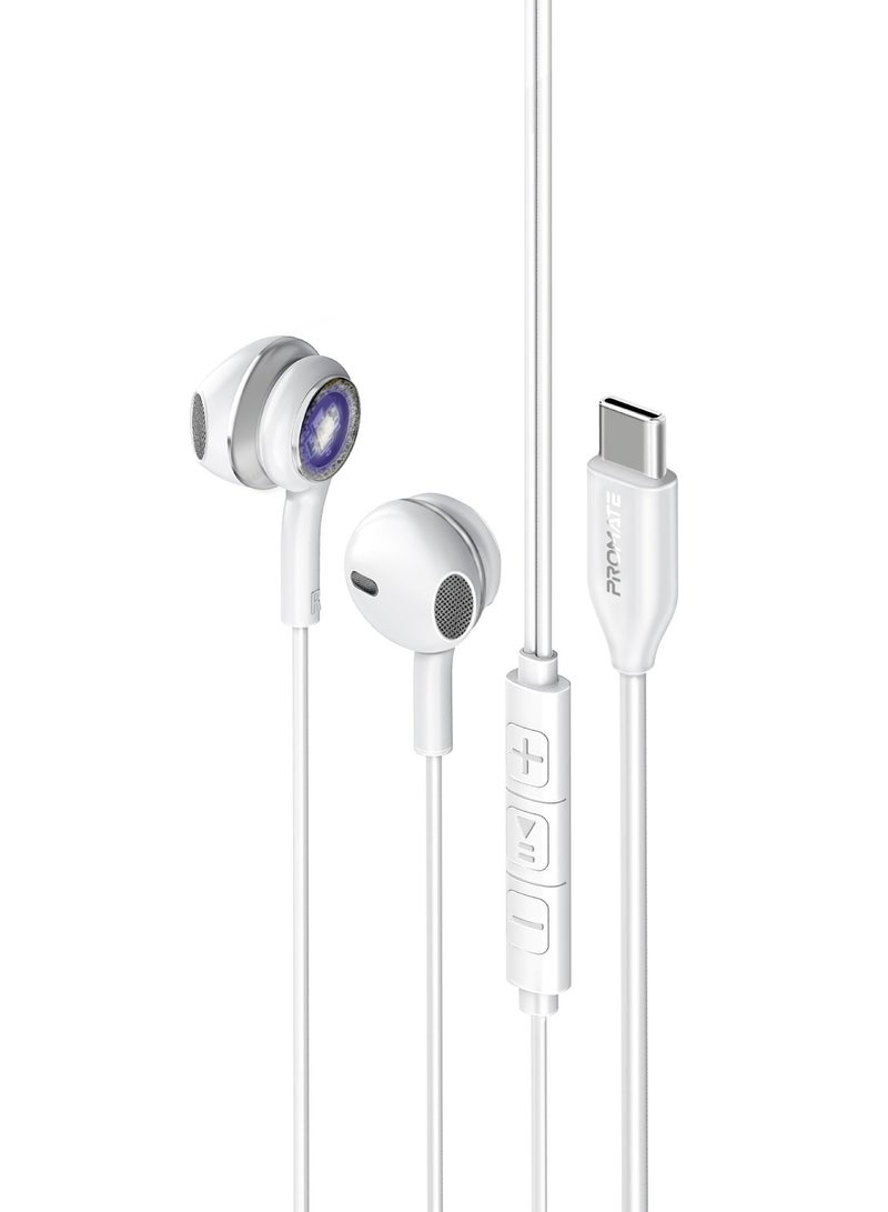 PROMATE - USB-C Earphones, High Fidelity Transparent Wired In-Ear Headphones with Built-In Microphone, 3 RGB Modes, Calling Function and In-Line Button Controls Silver - Image 1