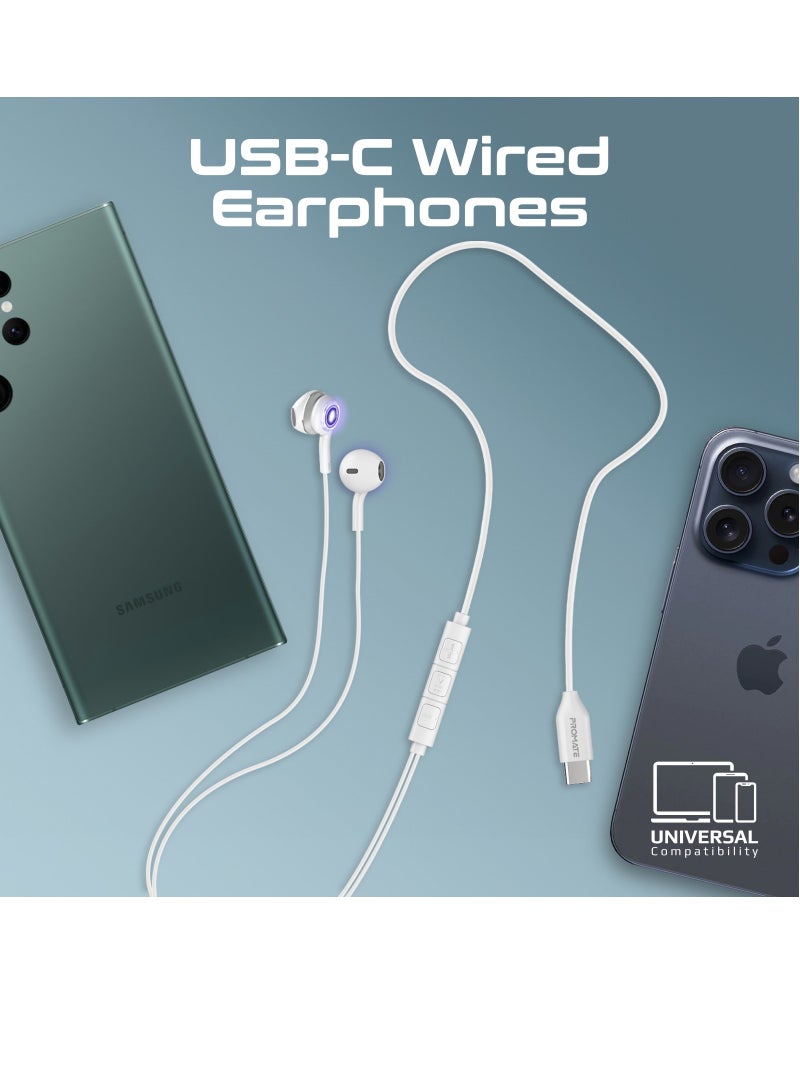 PROMATE - USB-C Earphones, High Fidelity Transparent Wired In-Ear Headphones with Built-In Microphone, 3 RGB Modes, Calling Function and In-Line Button Controls Silver - Image 1