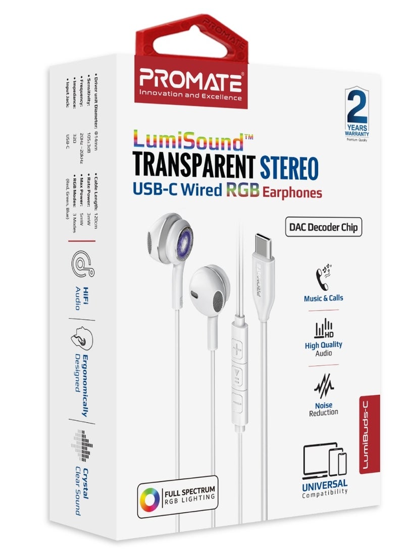 PROMATE - USB-C Earphones, High Fidelity Transparent Wired In-Ear Headphones with Built-In Microphone, 3 RGB Modes, Calling Function and In-Line Button Controls Silver - Image 1