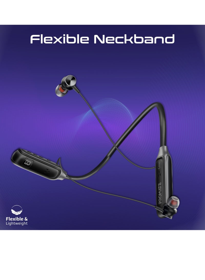 PROMATE Wireless Neckband Earphones, High-Definition Bluetooth 5.3 Earphones with in-line Controls, Anti-Slip Silicone, LCD Screen, Sweat-Resistance and 150H Long Playtime Black  - Image 3