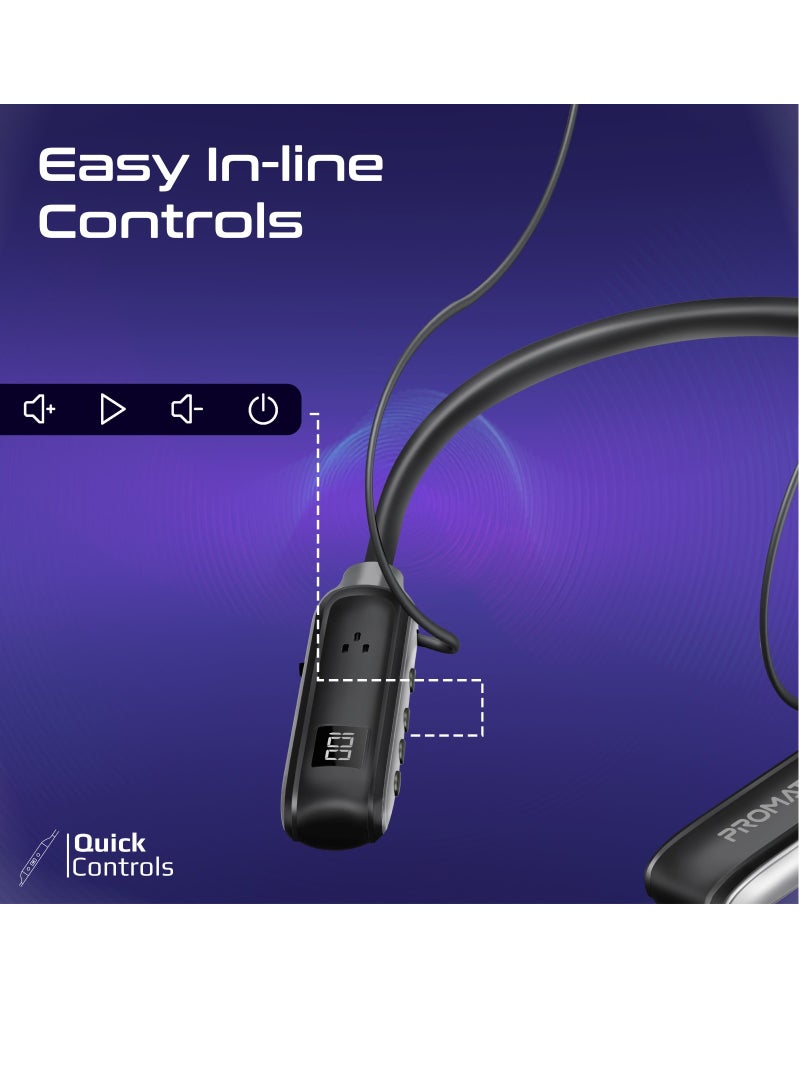 PROMATE Wireless Neckband Earphones, High-Definition Bluetooth 5.3 Earphones with in-line Controls, Anti-Slip Silicone, LCD Screen, Sweat-Resistance and 150H Long Playtime Black  - Image 5