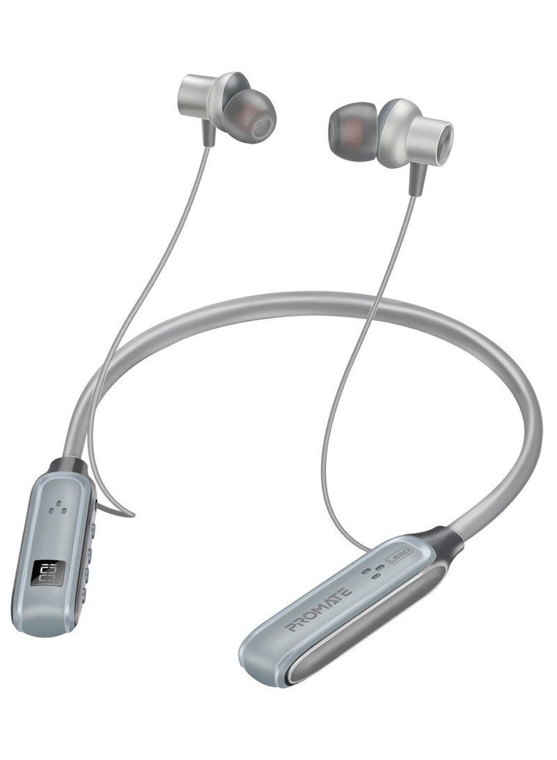 PROMATE Wireless Neckband Earphones, High-Definition Bluetooth 5.3 Earphones with in-line Controls, Anti-Slip Silicone, LCD Screen, Sweat-Resistance and 150H Long Playtime Silver  - Image 1