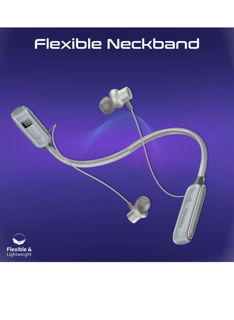 PROMATE Wireless Neckband Earphones, High-Definition Bluetooth 5.3 Earphones with in-line Controls, Anti-Slip Silicone, LCD Screen, Sweat-Resistance and 150H Long Playtime Silver  - Image 3