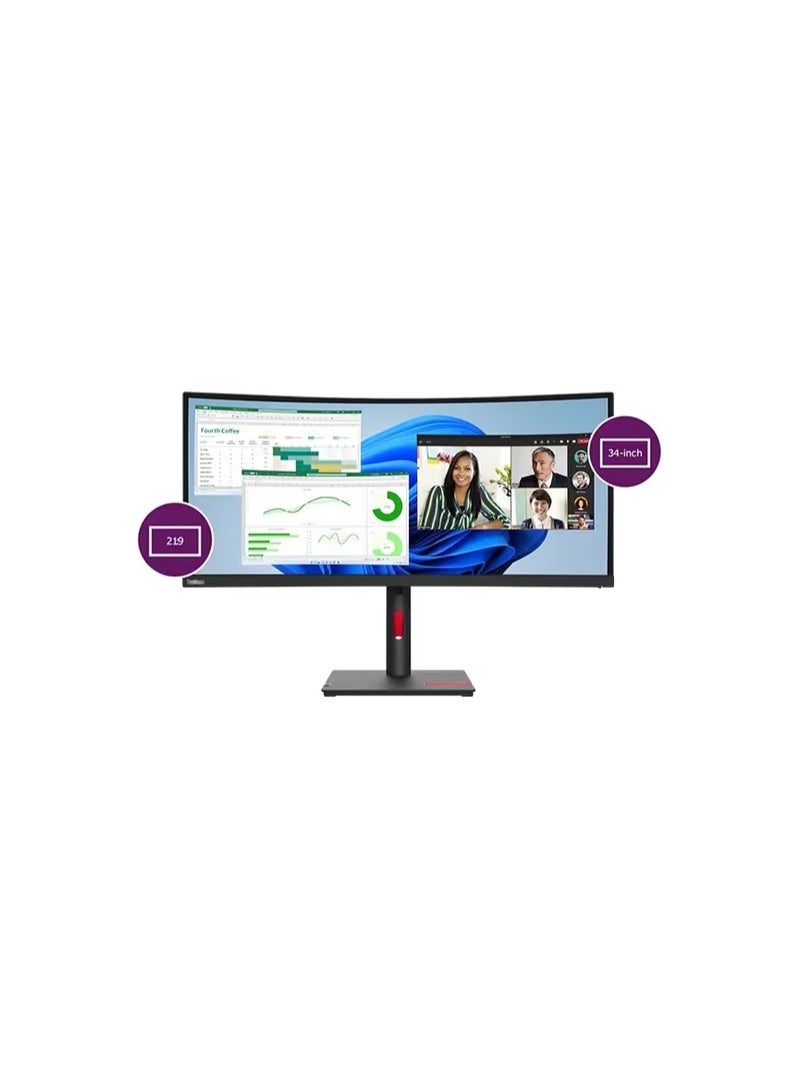 Lenovo - 34" Inch ThinkVision T34w-30 Curved UWQHD USB-C Monitor with VA Panel, 60Hz, 4Ms, HDMI, DP, USB-C & Ethernet - Tilt/Swivel/Lift Stand | Black - Image 1