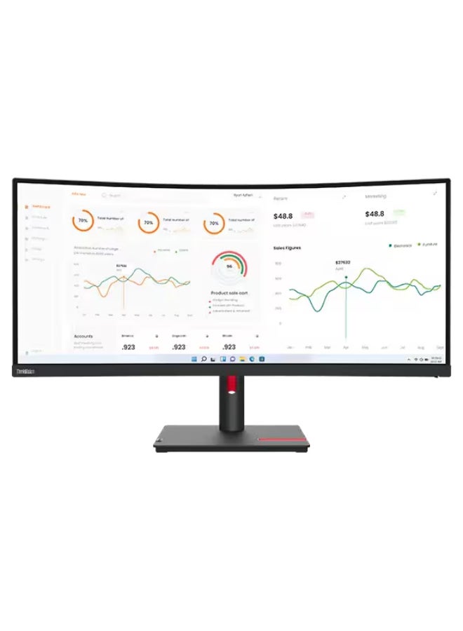 Lenovo - 34" Inch ThinkVision T34w-30 Curved UWQHD USB-C Monitor with VA Panel, 60Hz, 4Ms, HDMI, DP, USB-C & Ethernet - Tilt/Swivel/Lift Stand | Black - Image 1