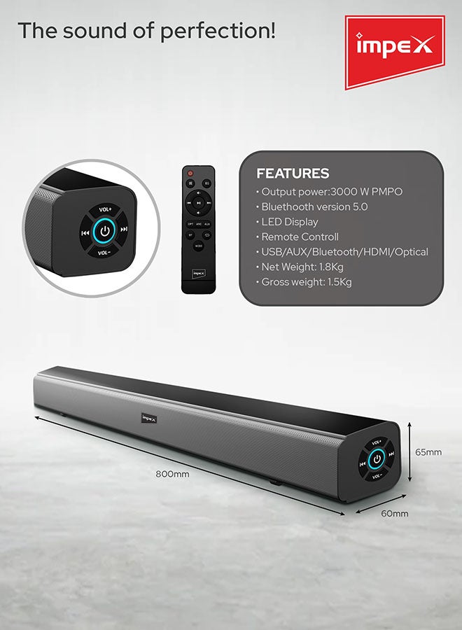 Impex - 2.0 Channel Soundbar 3000W  Bluetooth Version 5.0 LED Display With Remote Control SB 1401 Black - Image 1