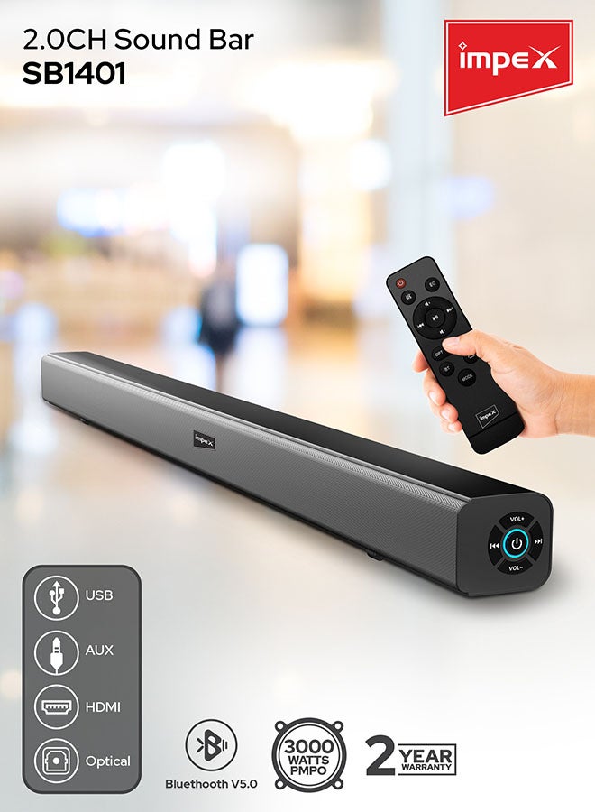 Impex - 2.0 Channel Soundbar 3000W  Bluetooth Version 5.0 LED Display With Remote Control SB 1401 Black - Image 1