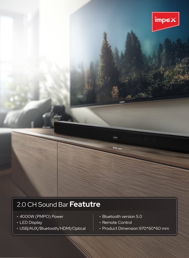 2.0 Channel Soundbar 4000W Bluetooth Version 5.0 LED Display With Remote Control SB 1401 Black