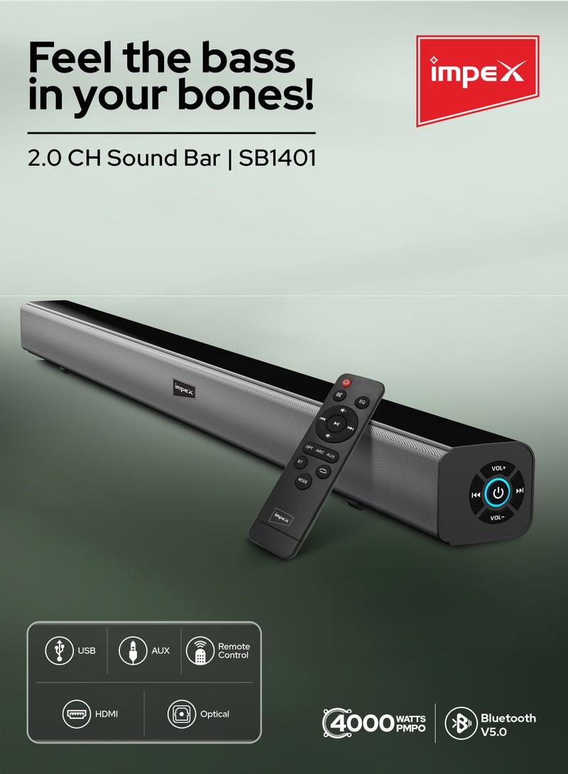 2.0 Channel Soundbar 4000W Bluetooth Version 5.0 LED Display With Remote Control SB 1401 Black