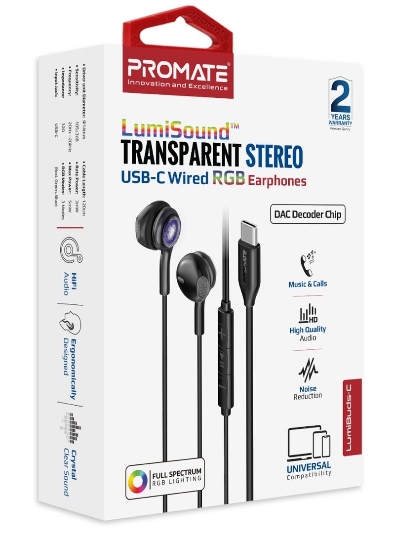 USB-C Earphones, High Fidelity Transparent Wired In-Ear Headphones with Built-In Microphone, 3 RGB Modes, Calling Function and In-Line Button Controls Black