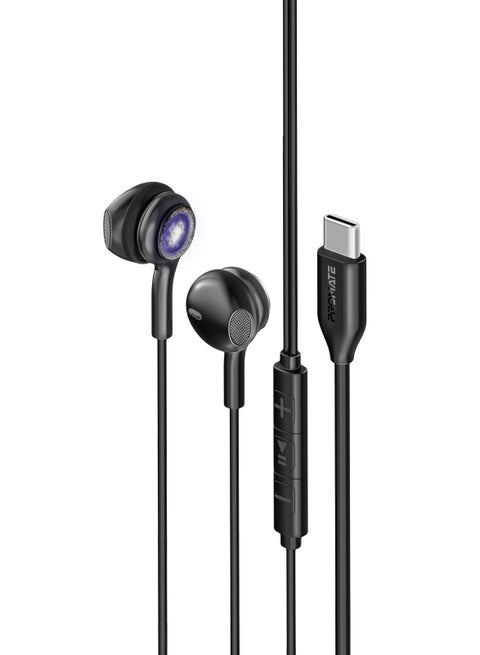 USB-C Earphones, High Fidelity Transparent Wired In-Ear Headphones with Built-In Microphone, 3 RGB Modes, Calling Function and In-Line Button Controls Black