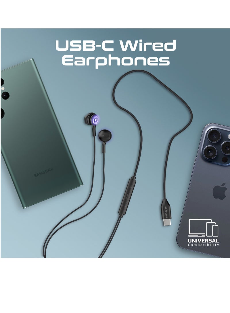 USB-C Earphones, High Fidelity Transparent Wired In-Ear Headphones with Built-In Microphone, 3 RGB Modes, Calling Function and In-Line Button Controls Black