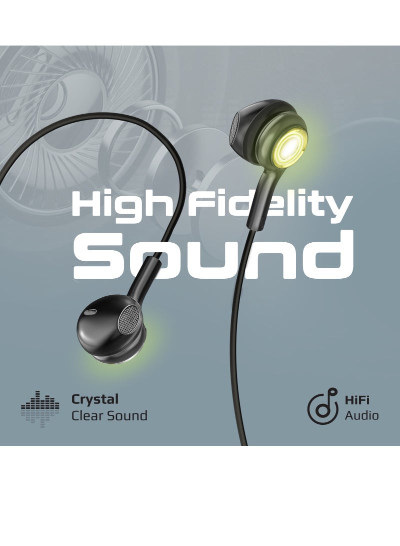USB-C Earphones, High Fidelity Transparent Wired In-Ear Headphones with Built-In Microphone, 3 RGB Modes, Calling Function and In-Line Button Controls Black