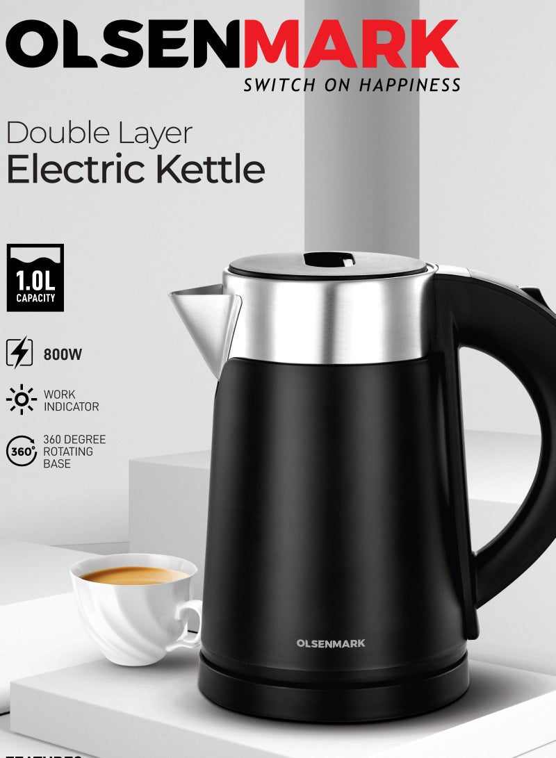 Olsenmark - 1.0 L Double Layer Electric Kettle OMK7028, 800 W, 360 Degree Rotation Base with Auto Safety Off Perfect for Boiling Water, Overheat Protection, Dry Boil Protection 1 L 800 W OMK7028 BLACK - Image 1