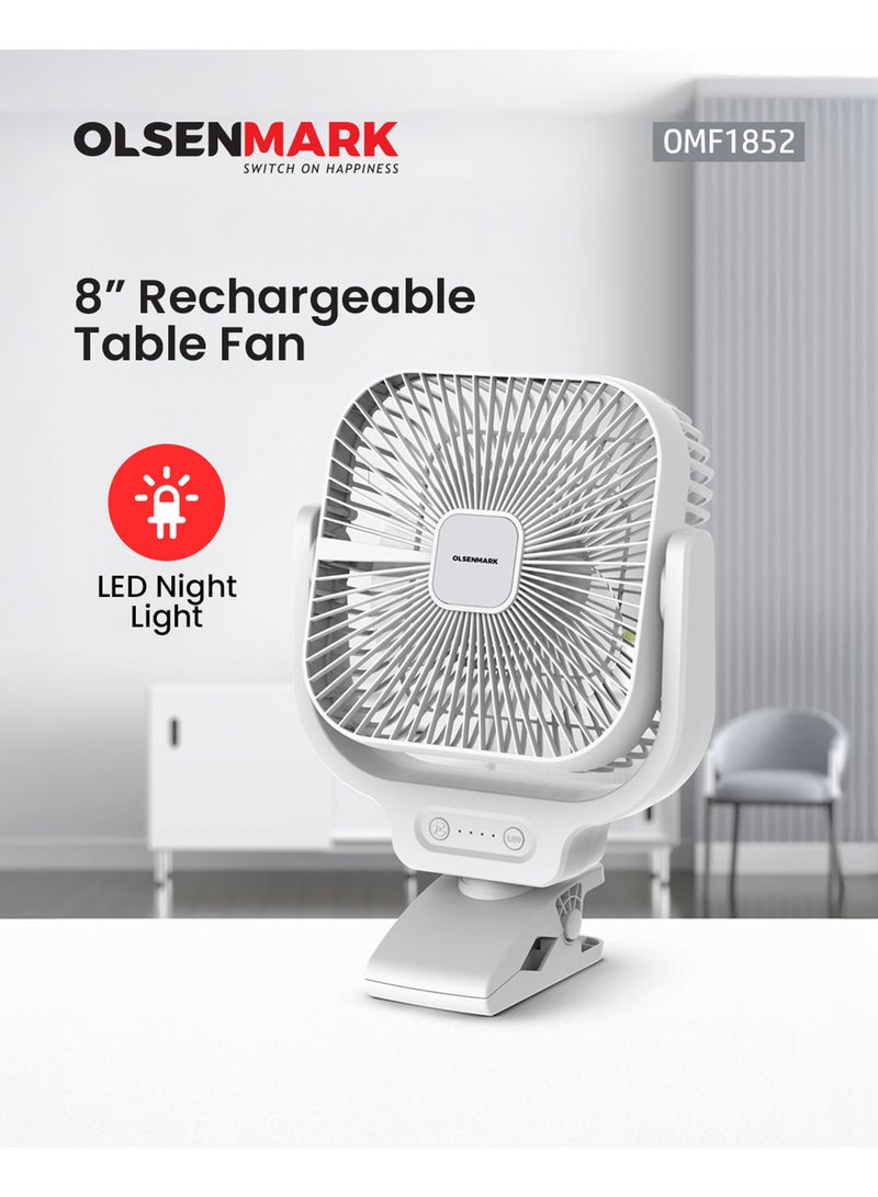 Olsenmark 8" Rechargeable Table Fan – OMF1852 | Portable Fan with LED Night Light & 3-Speed Control | Up to 9 Hours Working Time, 30 Hours LED Operation | Powerful, Energy-Efficient Cooling OMF1852 WHITE - Image 4