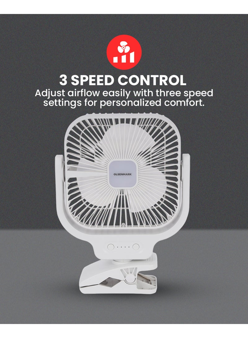 Olsenmark 8" Rechargeable Table Fan – OMF1852 | Portable Fan with LED Night Light & 3-Speed Control | Up to 9 Hours Working Time, 30 Hours LED Operation | Powerful, Energy-Efficient Cooling OMF1852 WHITE - Image 5