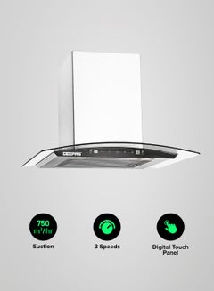 GEEPAS 60 CM Slim Hood With Charcoal Filter/ Chimney With 750 m3/Hour Suction, 3 Speeds, 2X1.5 Watts LED, Baffle Filter, 230 W Motor, Digital Touch Panel, Stainless Steel Finish Body 230 W GHD601GB White  - Image 1