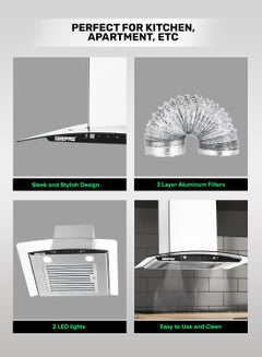 GEEPAS 60 CM Slim Hood With Charcoal Filter/ Chimney With 750 m3/Hour Suction, 3 Speeds, 2X1.5 Watts LED, Baffle Filter, 230 W Motor, Digital Touch Panel, Stainless Steel Finish Body 230 W GHD601GB White  - Image 5