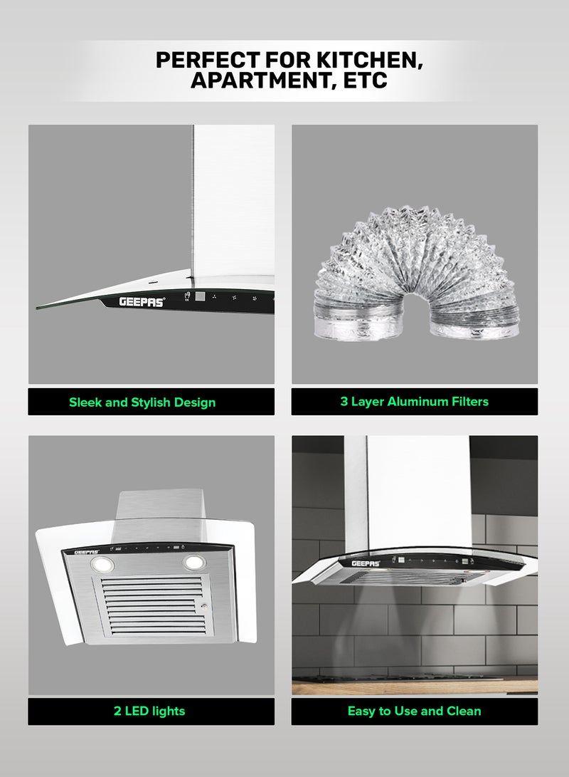 GEEPAS 60 CM Slim Hood With Charcoal Filter/ Chimney With 750 m3/Hour Suction, 3 Speeds, 2X1.5 Watts LED, Baffle Filter, 230 W Motor, Digital Touch Panel, Stainless Steel Finish Body 230 W GHD601GB White  - Image 5