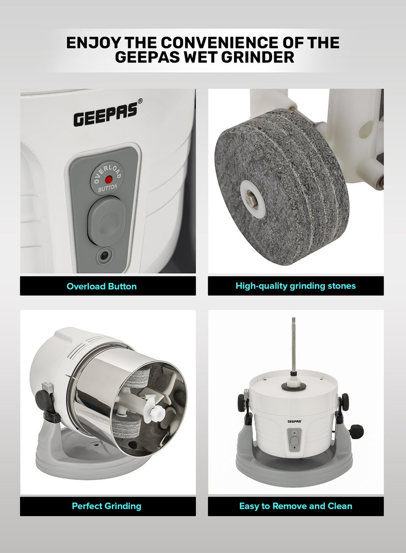 GEEPAS Wet Grinder Stainless steel Drum 2L Capacity | Interlocking Mechanism Transparent Lid & High Quality Grinding Stones | Ideal for Dhal, Grains, Curry Paste, Cutney, Idly Dosa Batter & More 2 L 200 W GWG44063 White & silver  - Image 4