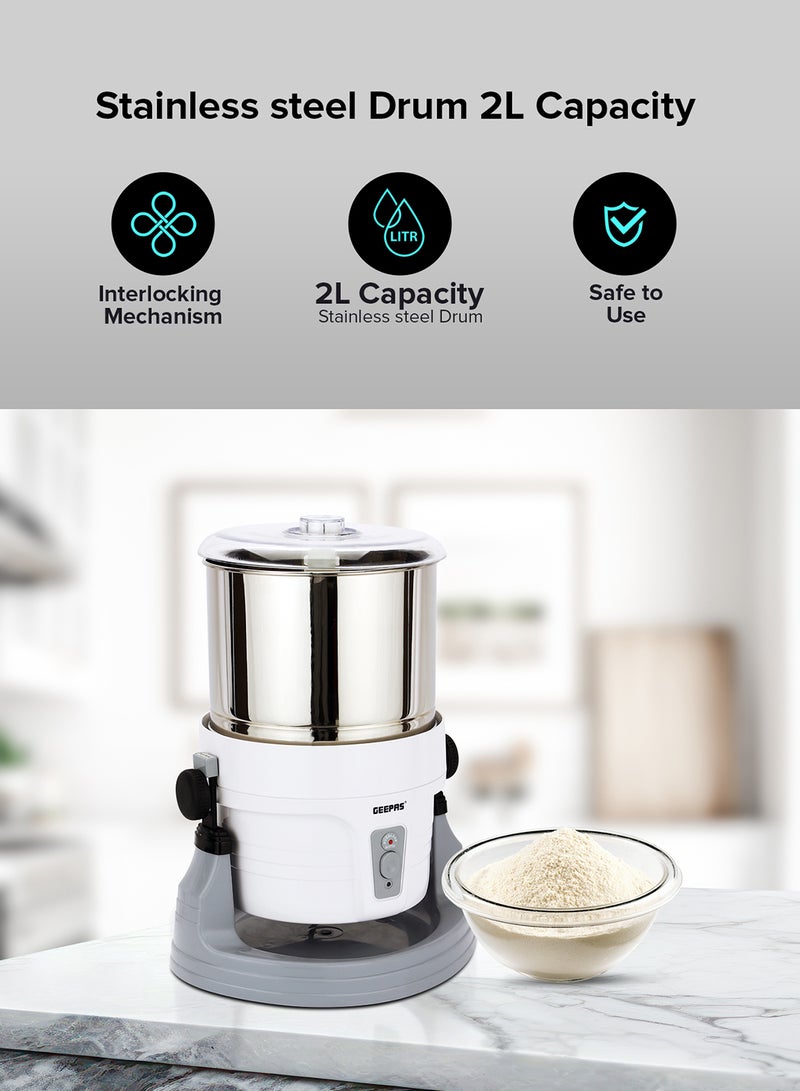 GEEPAS Wet Grinder Stainless steel Drum 2L Capacity | Interlocking Mechanism Transparent Lid & High Quality Grinding Stones | Ideal for Dhal, Grains, Curry Paste, Cutney, Idly Dosa Batter & More 2 L 200 W GWG44063 White & silver  - Image 5