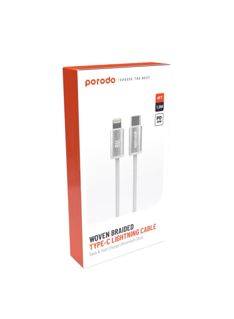 porodo - Woven 30W Lightning To Type-C Cable 1.2M White - Image 1