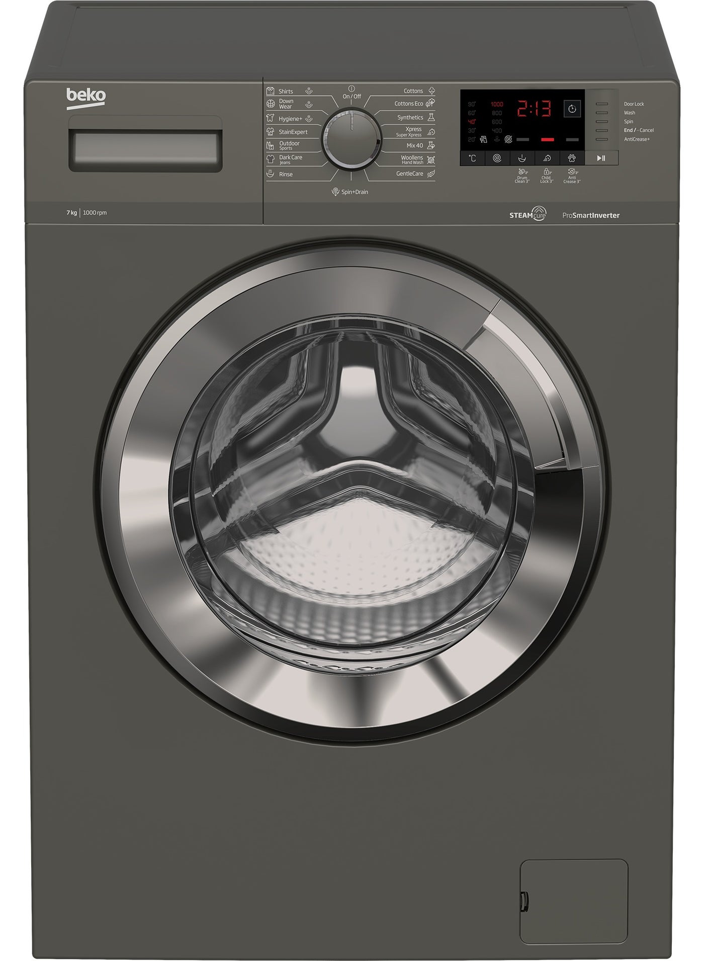 Front Load Washing Machine - 1000 RPM - Smart Pro Inverter Motor - Steam Cure - Digital Screen - 7 kg WTV 7512 XMCI2 Gray