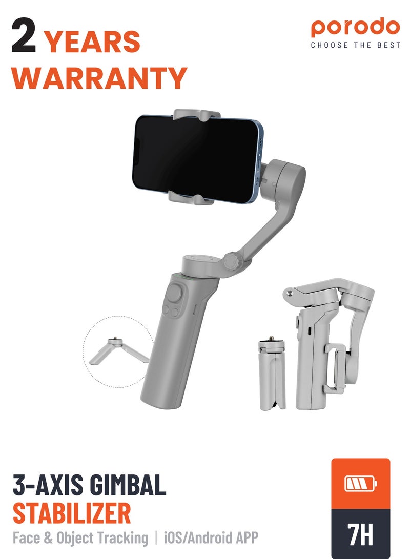 porodo 2200 mAh 3-Axis Gimbal Stabilizer With AI Face & Object Tracking, Rolling, Pitching & Pan Angles, Versatile Sooting Modes, 7 Hrs Continous Working Time, Built In Battery, Android/iOS App Grey  - Image 1