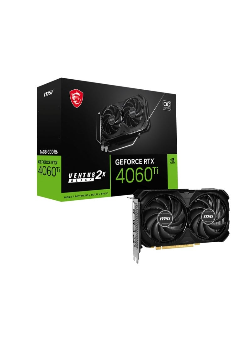 MSI - GeForce RTX 4060 Ti VENTUS 2X BLACK OC Graphics Card, 16GB GDDR6 128-bit Memory, 2610 MHz Boost Clock, 18 Gbps Memory Speed, 4352 CUDA Cores, PCI E Gen 4 x16, DisplayPort / HDMI | 912-V517-005 - Image 1