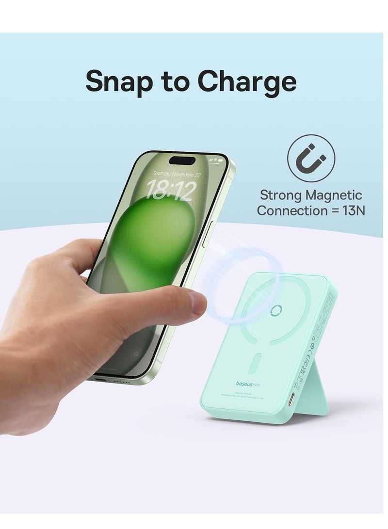 Baseus - 5000 mAh Battery Pack For Magsafe 5000mAh Wireless Portable Charger PD 20W Fast Charging With Stand And USB C On The Side Magnetic Power Bank For iPhone 15 14 13 12 Pro Pro Max Plus Mini Blue - Image 1