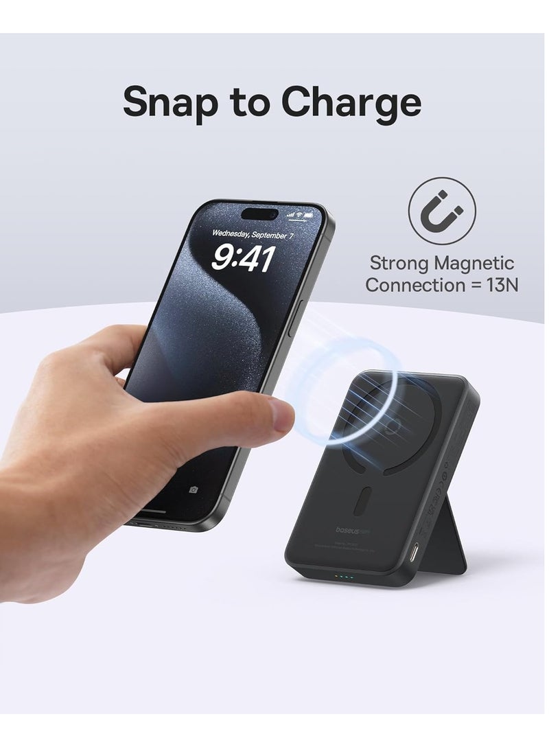 Baseus Battery Pack For Magsafe, Wireless Portable Charger PD 20W Fast Charging With Stand And USB-C (On The Side), Magnetic Power Bank For iPhone 15/14/13/12 Pro/Pro Max/Plus/Mini Black - Image 2