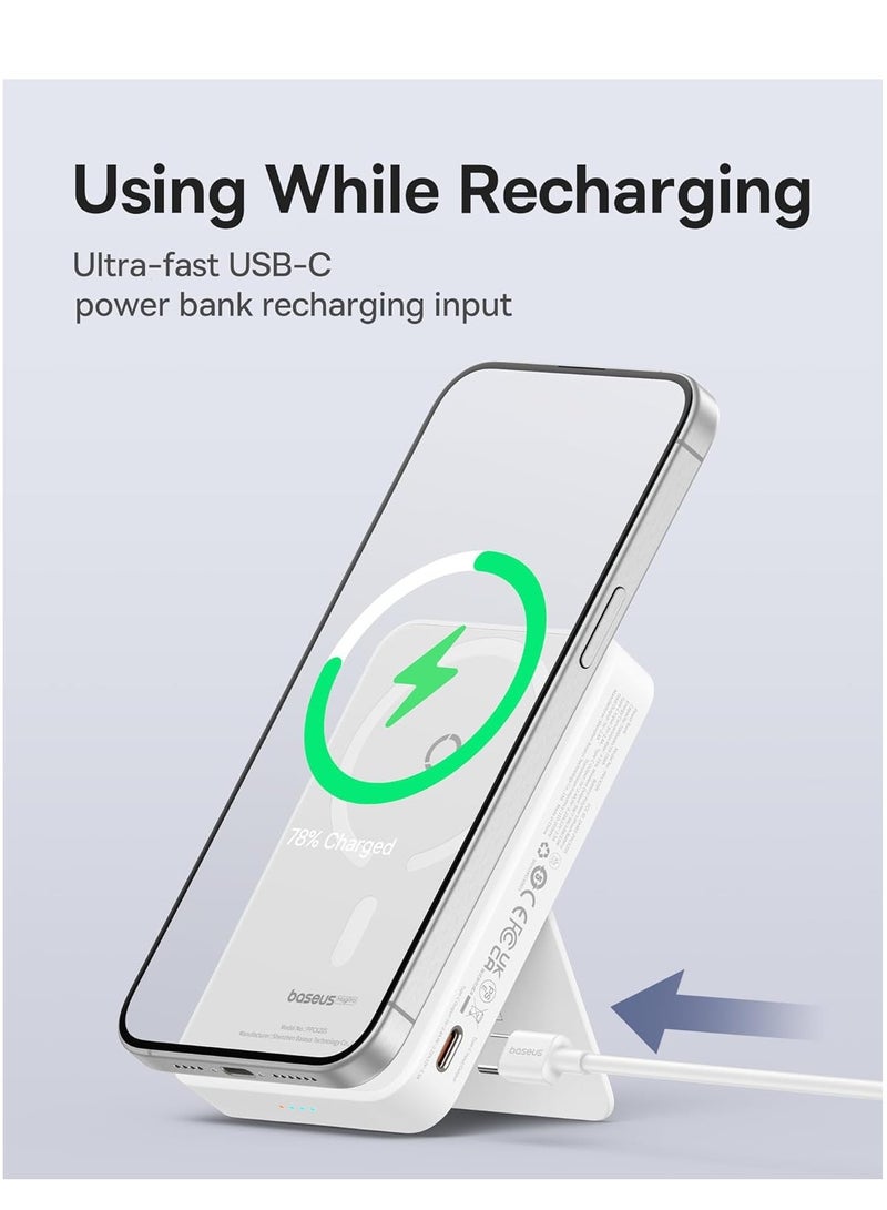 Baseus 5000 mAh Battery Pack Magsafe 5000mAh Wireless Portable Charger PD 20W Fast Charging With Stand And USB C On The Side Magnetic Power Bank For iPhone 15 14 13 12 Pro Pro Max Plus Mini White  - Image 5