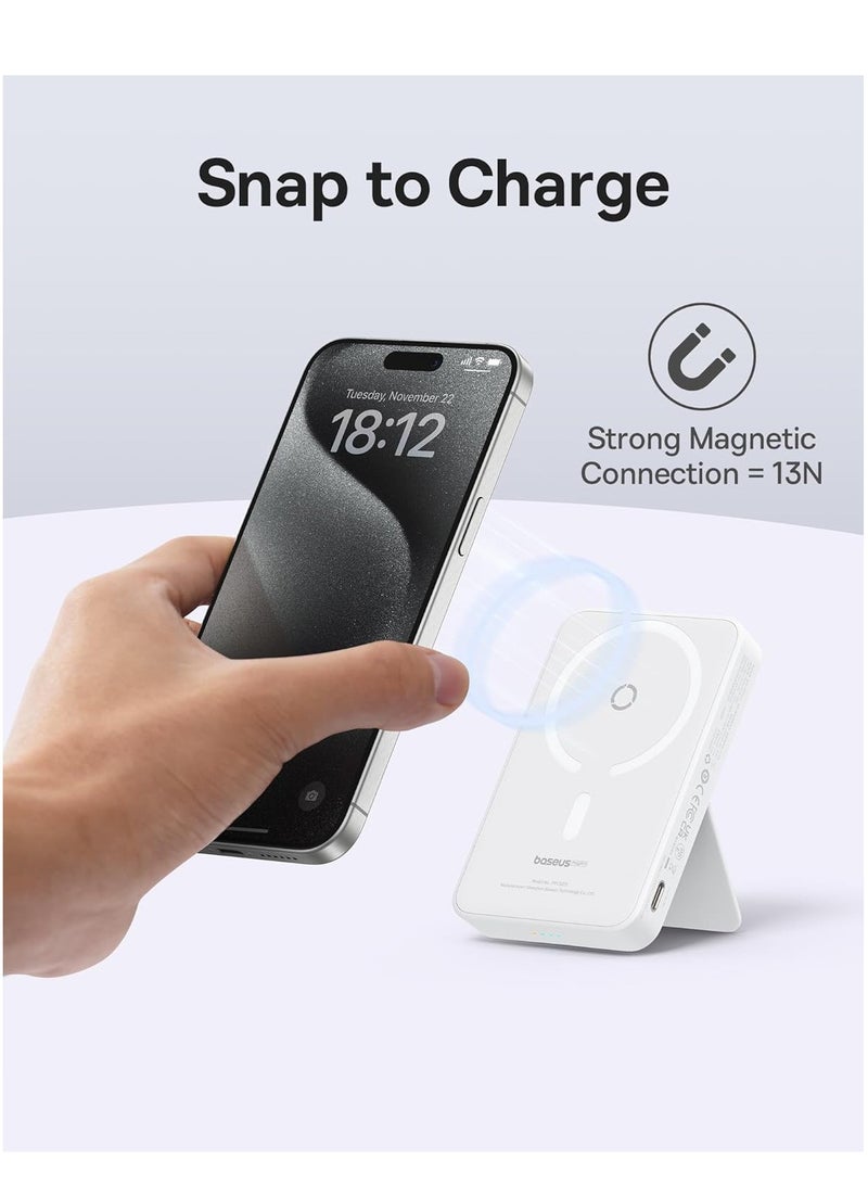 Baseus 5000 mAh Battery Pack Magsafe 5000mAh Wireless Portable Charger PD 20W Fast Charging With Stand And USB C On The Side Magnetic Power Bank For iPhone 15 14 13 12 Pro Pro Max Plus Mini White  - Image 2