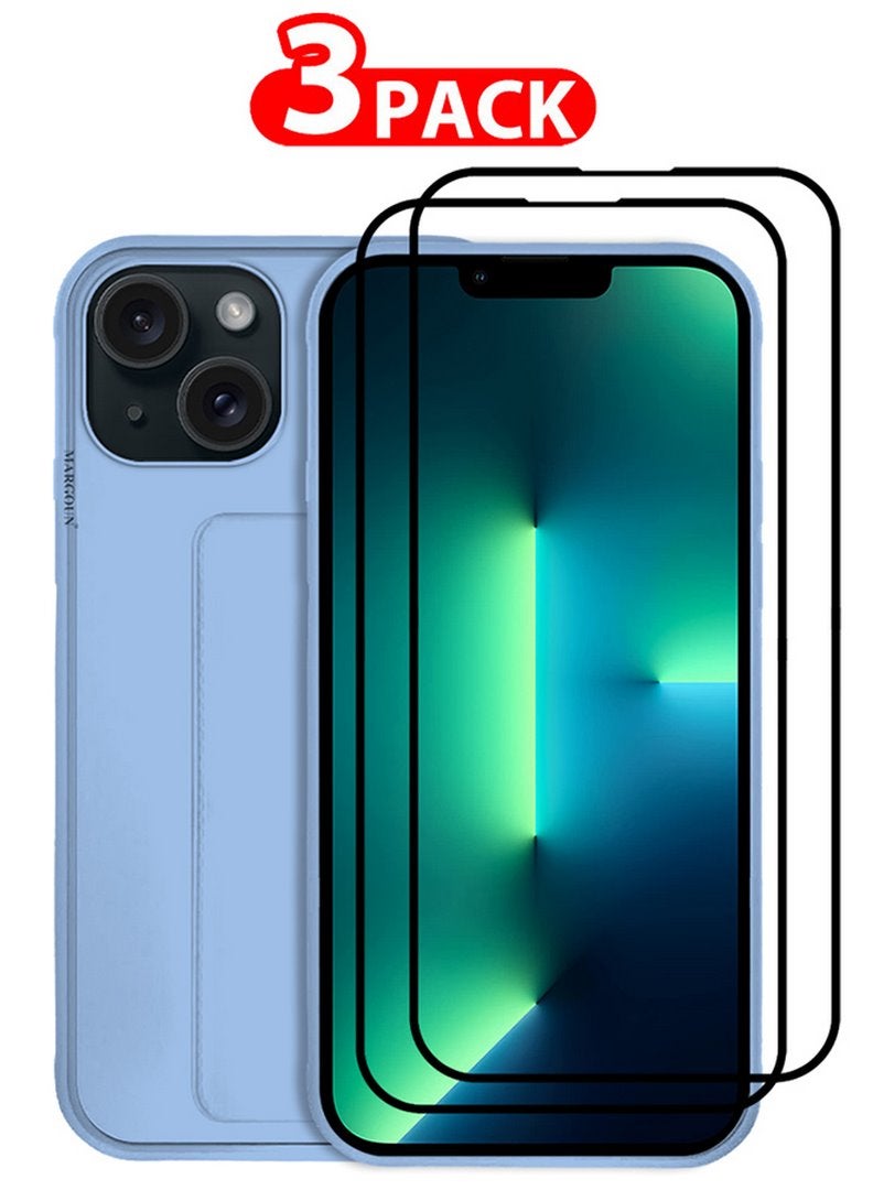MARGOUN 3 Packs For iPhone 15 Plus Case And 2 Screen Protectors Premium PU Leather Case With Stand Function Shockproof And Anti Scratch Finger Grip Case Cove Light Blue  - Image 1
