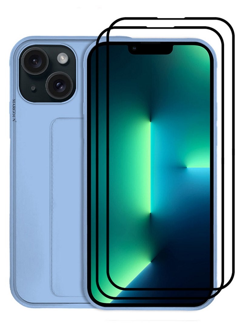 MARGOUN 3 Packs For iPhone 15 Plus Case And 2 Screen Protectors Premium PU Leather Case With Stand Function Shockproof And Anti Scratch Finger Grip Case Cove Light Blue  - Image 3