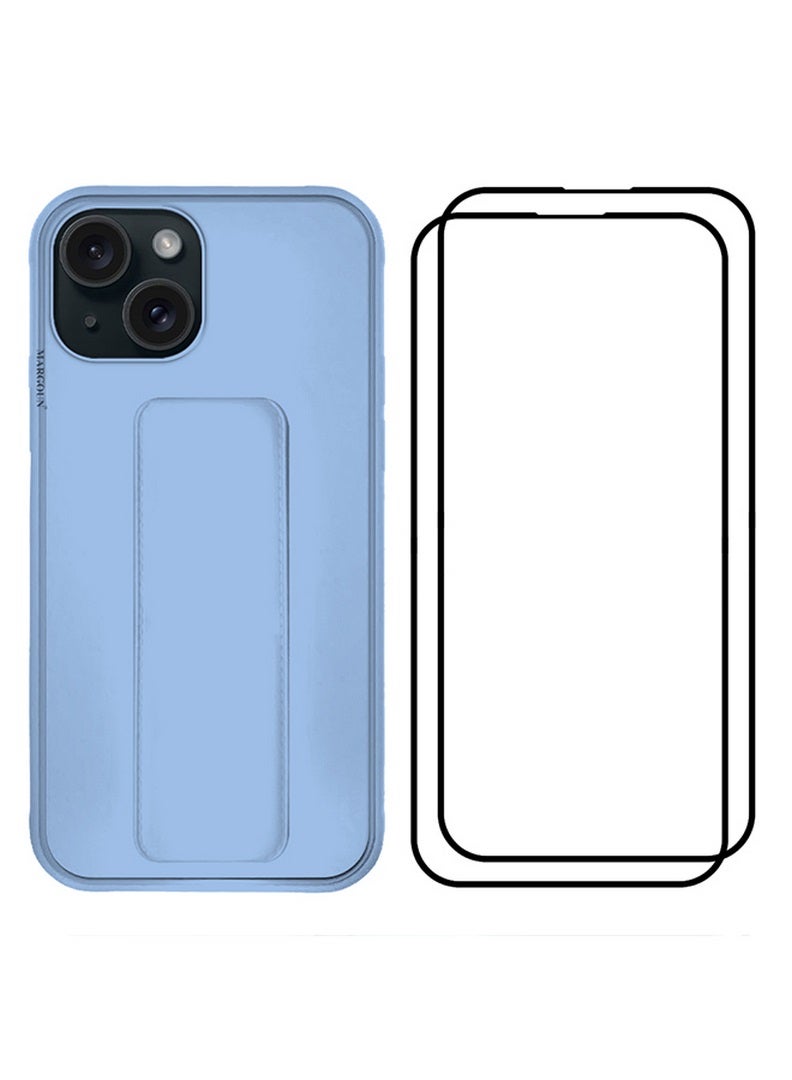 MARGOUN 3 Packs For iPhone 15 Plus Case And 2 Screen Protectors Premium PU Leather Case With Stand Function Shockproof And Anti Scratch Finger Grip Case Cove Light Blue  - Image 2