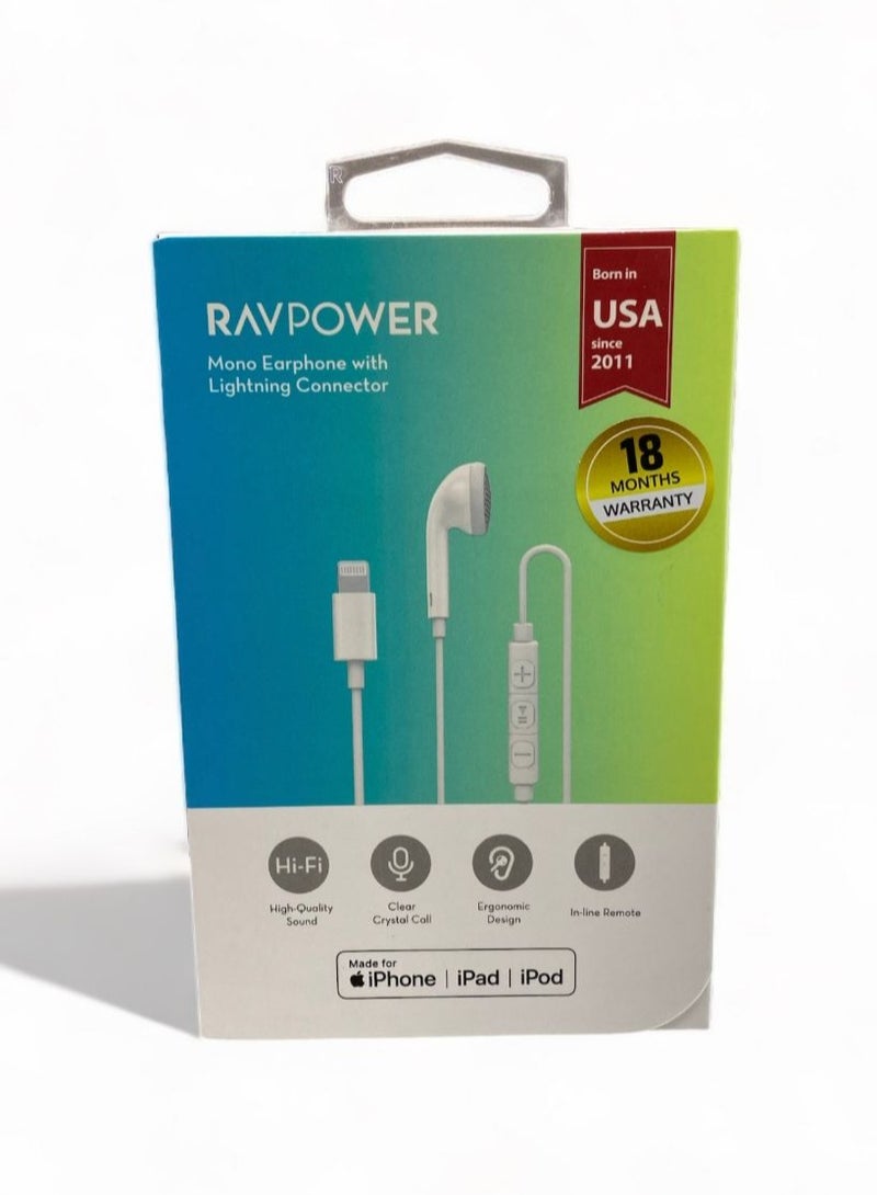 RAVPOWER - MFi Certified Mono Headphones With Lightning Connector White - Image 1