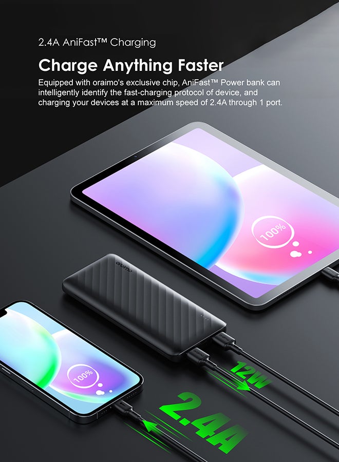 Oraimo 10000 mAh Toast 10 Flash Powerbank with 12W 2.4A Fast Charging,Type C & Micro Input,Dual USB Output,Multi-Layer Protection Black - Image 3