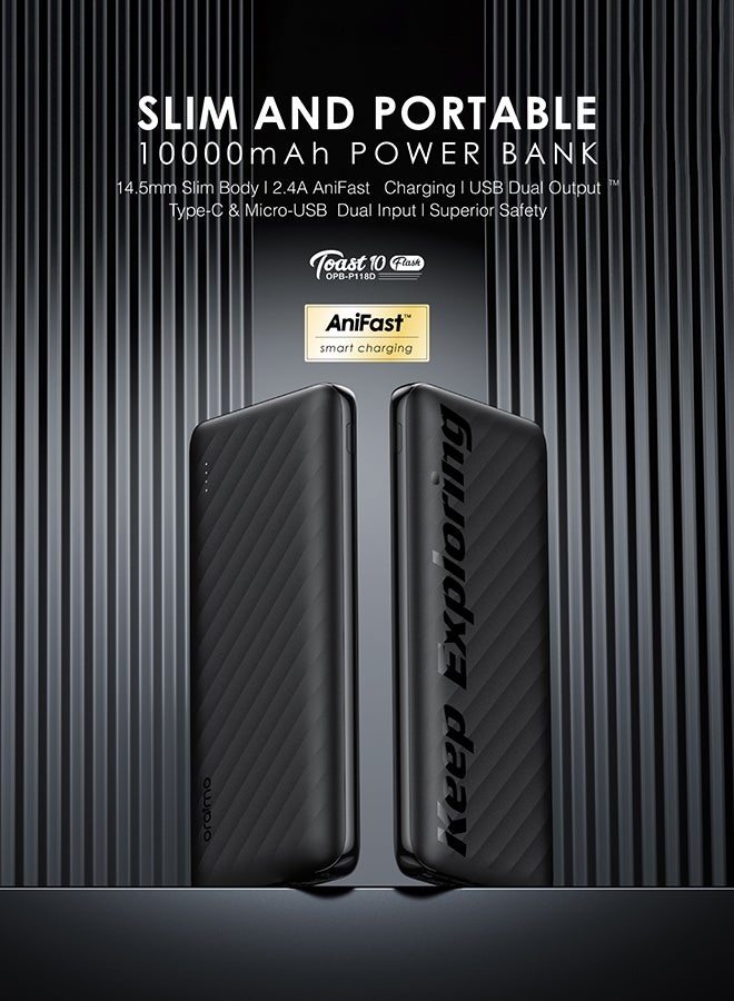 Oraimo 10000 mAh Toast 10 Flash Powerbank with 12W 2.4A Fast Charging,Type C & Micro Input,Dual USB Output,Multi-Layer Protection Black - Image 2