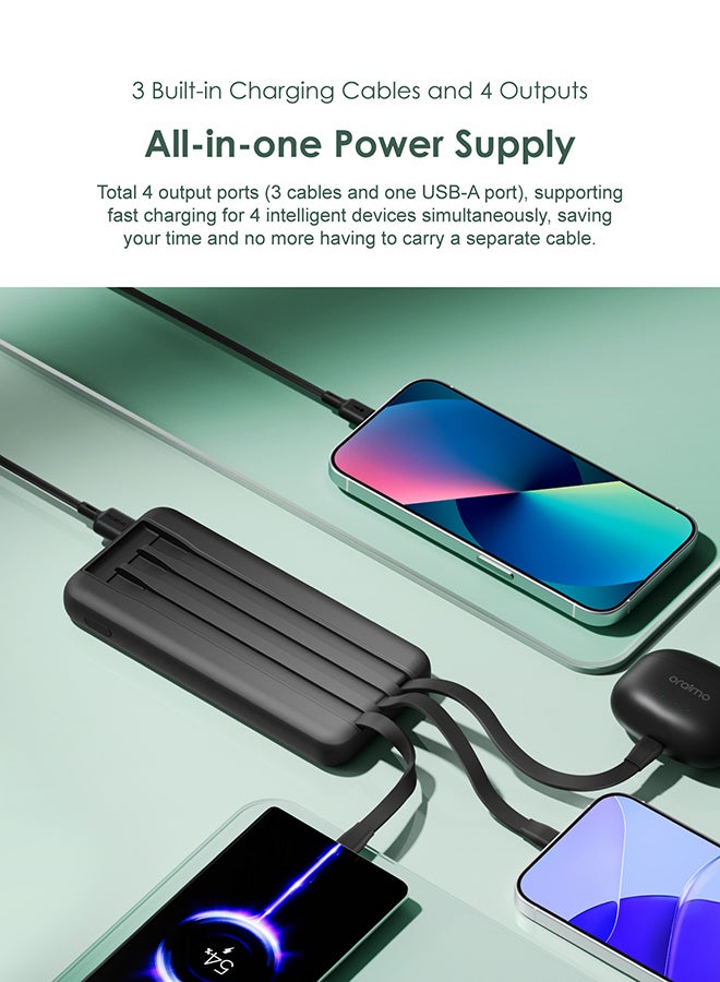 10000 mAh Slice Link Powerbank with 12W Fast Charging, Built-in Lightning,Type-C&Micro-USB Cables,Multi-Layer Protection Black