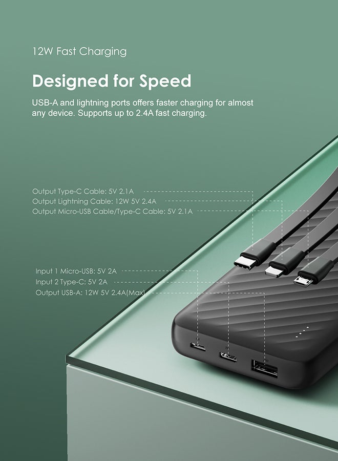 10000 mAh Slice Link Powerbank with 12W Fast Charging, Built-in Lightning,Type-C&Micro-USB Cables,Multi-Layer Protection Black