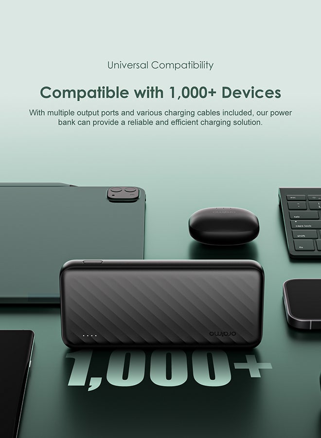 10000 mAh Slice Link Powerbank with 12W Fast Charging, Built-in Lightning,Type-C&Micro-USB Cables,Multi-Layer Protection Black