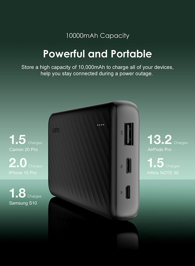 10000 mAh Slice Link Powerbank with 12W Fast Charging, Built-in Lightning,Type-C&Micro-USB Cables,Multi-Layer Protection Black