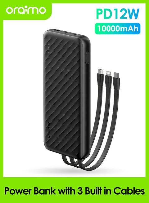 10000 mAh Slice Link Powerbank with 12W Fast Charging, Built-in Lightning,Type-C&Micro-USB Cables,Multi-Layer Protection Black