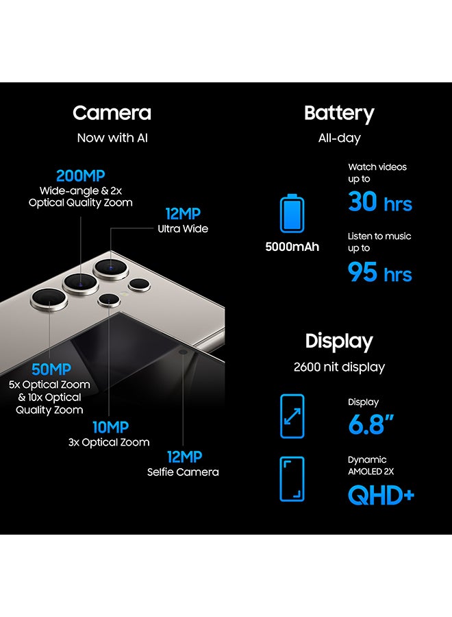 سامسونج هاتف Galaxy S24 Ultra ثنائي شريحة الاتصال بلون رمادي تيتانيوم وذاكرة وصول عشوائي (RAM) سعة 12 جيجابايت وذاكرة تخزين داخلية 256 جيجابايت يدعم تقنية 5G - إصدار الشرق الأوسط - Image 5